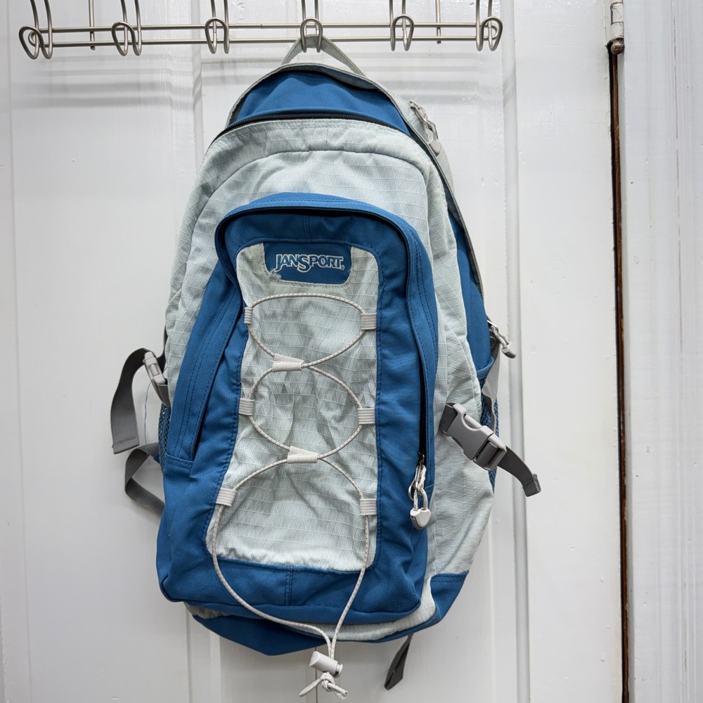 Jansport Blue Grey Backpack Bungee Cord Hiking School Bag with Mesh Pockets